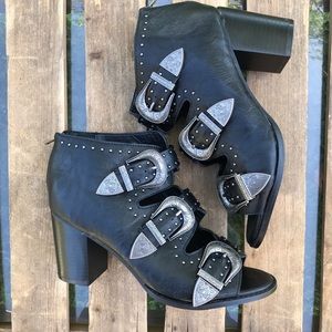 Black Three Buckle Studded Peep Toe Heeled Booties